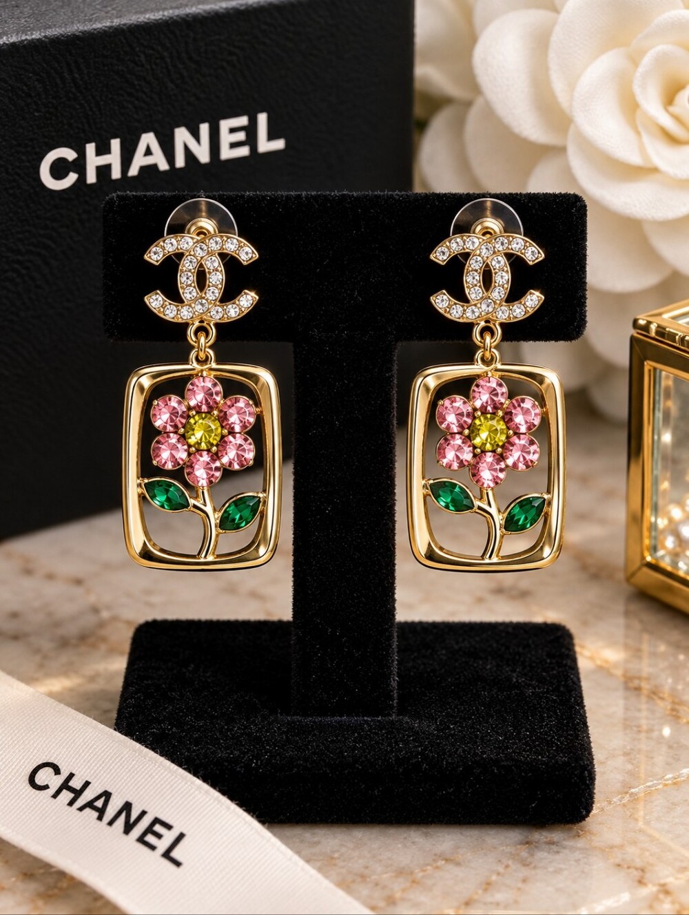 Chanel- Crystal Floral Drop Earrings - Pink & Green